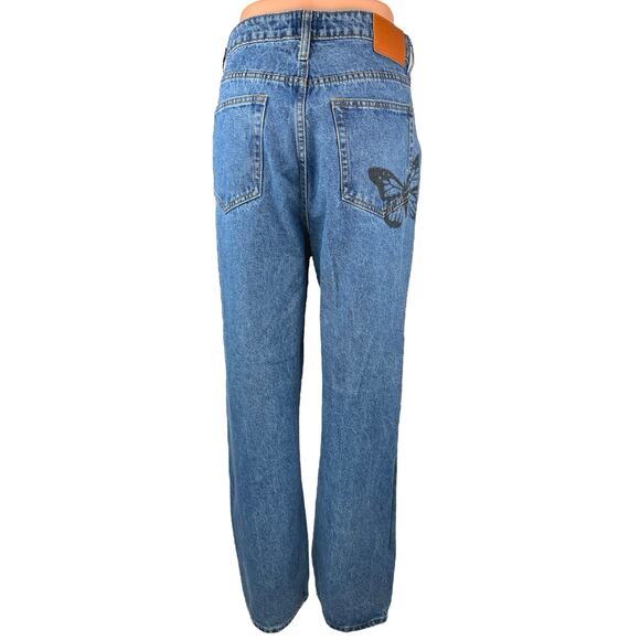 Princess Polly Women's Blue Butterflies Print Wide Leg High Waist Denim Jeans 12 - Picture 3 of 7